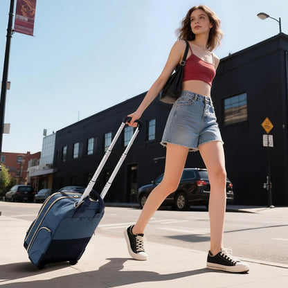 Underseat Carry On Luggage with Wheels, Travel Airline Approved Personal Item Bag, Multiple Compartments Carry-On with Leather Handle, Lightweight Rolling Suitcase for Women, Denim Blue, L