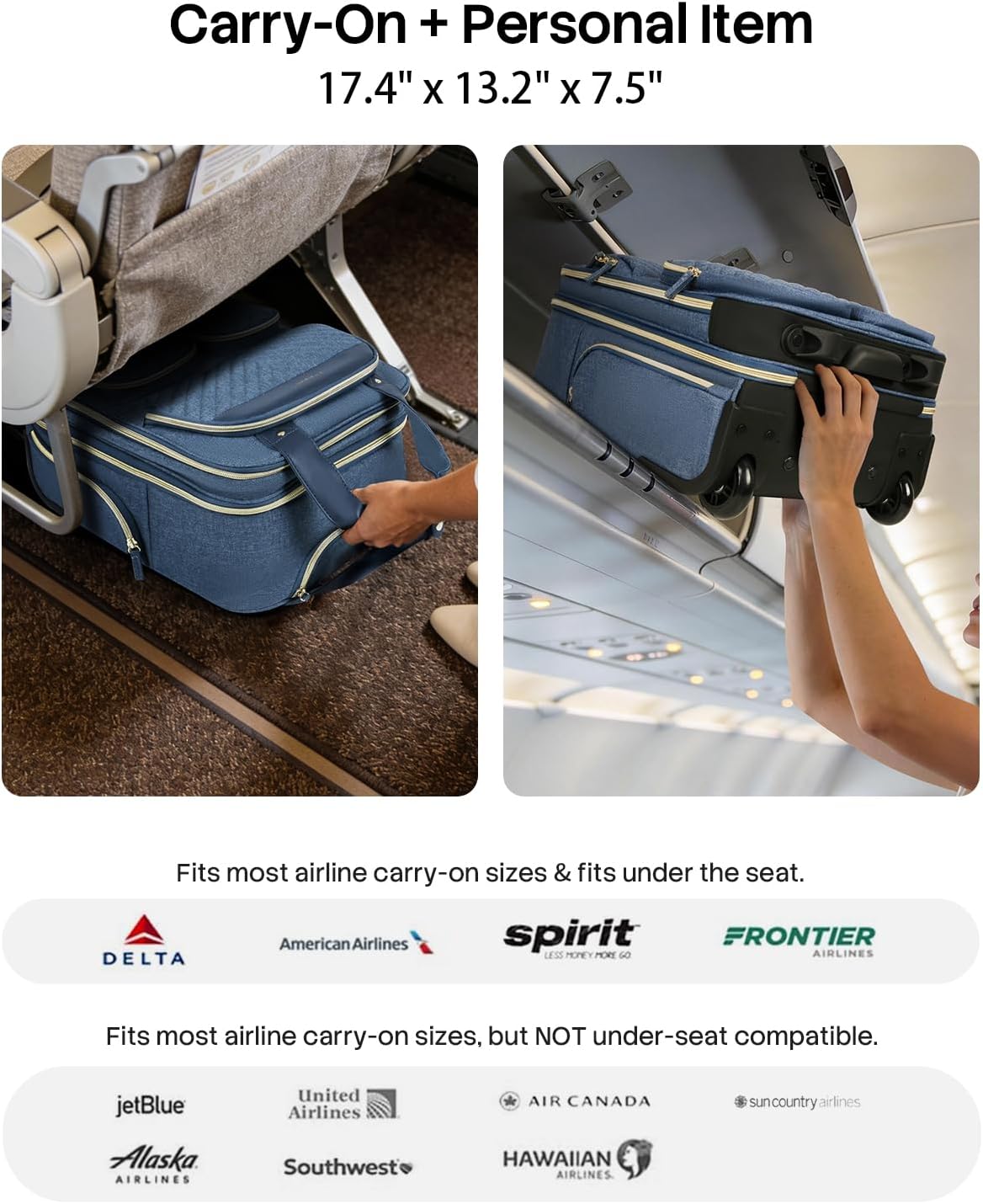 Underseat Carry On Luggage with Wheels, Travel Airline Approved Personal Item Bag, Multiple Compartments Carry-On with Leather Handle, Lightweight Rolling Suitcase for Women, Denim Blue, L