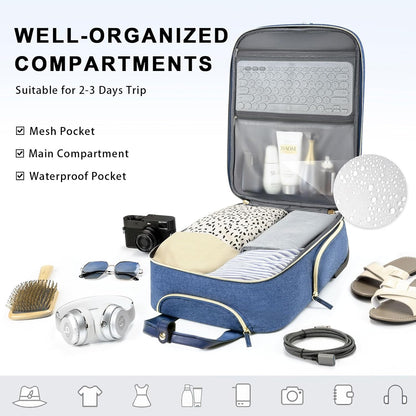Underseat Carry On Luggage with Wheels, Travel Airline Approved Personal Item Bag, Multiple Compartments Carry-On with Leather Handle, Lightweight Rolling Suitcase for Women, Denim Blue, L