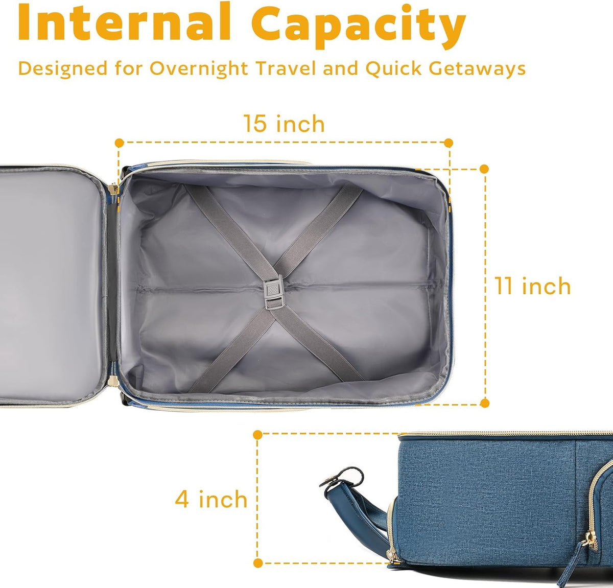 Underseat Carry On Luggage with Wheels, Travel Airline Approved Personal Item Bag, Multiple Compartments Carry-On with Leather Handle, Lightweight Rolling Suitcase for Women, Denim Blue, L