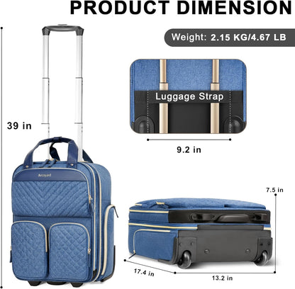 Underseat Carry On Luggage with Wheels, Travel Airline Approved Personal Item Bag, Multiple Compartments Carry-On with Leather Handle, Lightweight Rolling Suitcase for Women, Denim Blue, L