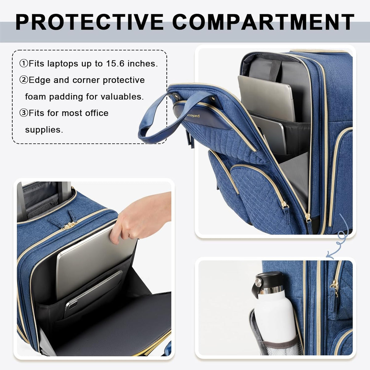 Underseat Carry On Luggage with Wheels, Travel Airline Approved Personal Item Bag, Multiple Compartments Carry-On with Leather Handle, Lightweight Rolling Suitcase for Women, Denim Blue, L