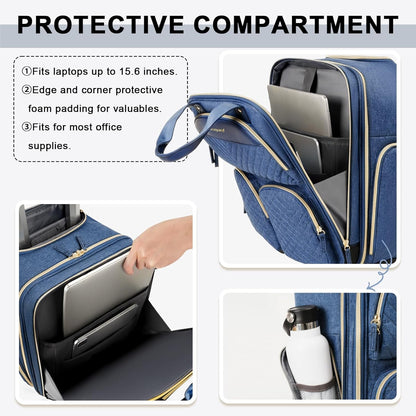 Underseat Carry On Luggage with Wheels, Travel Airline Approved Personal Item Bag, Multiple Compartments Carry-On with Leather Handle, Lightweight Rolling Suitcase for Women, Denim Blue, L