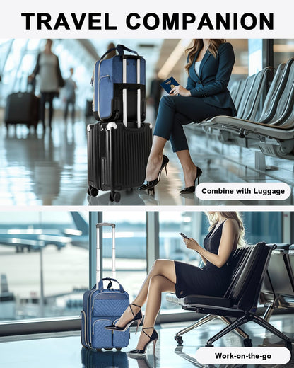 Underseat Carry On Luggage with Wheels, Travel Airline Approved Personal Item Bag, Multiple Compartments Carry-On with Leather Handle, Lightweight Rolling Suitcase for Women, Denim Blue, L