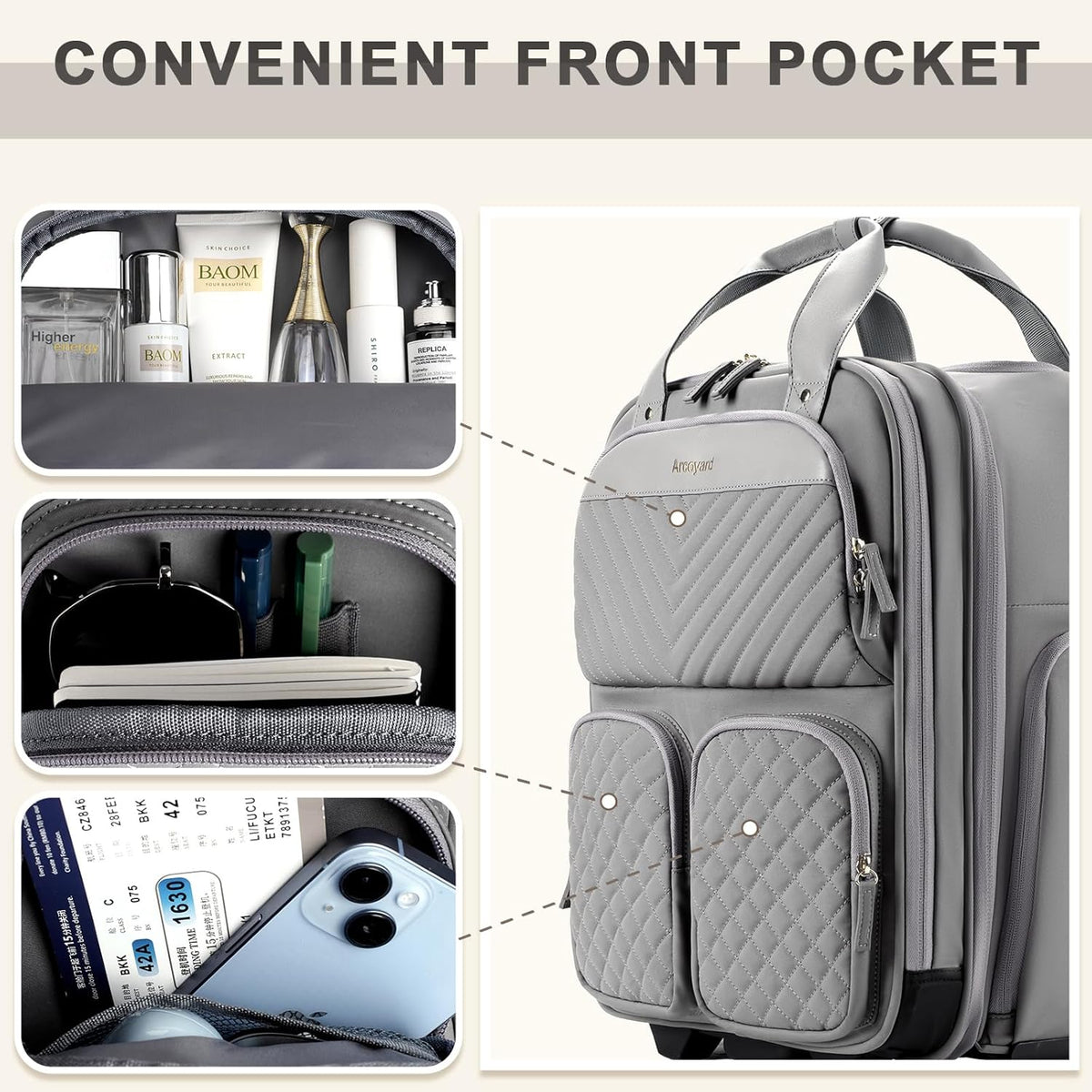Underseat Carry On Luggage with Wheels, Travel Airline Approved Personal Item Bag, Multiple Compartments Carry-On with Leather Handle, Lightweight Rolling Suitcase for Women, Denim Blue, L