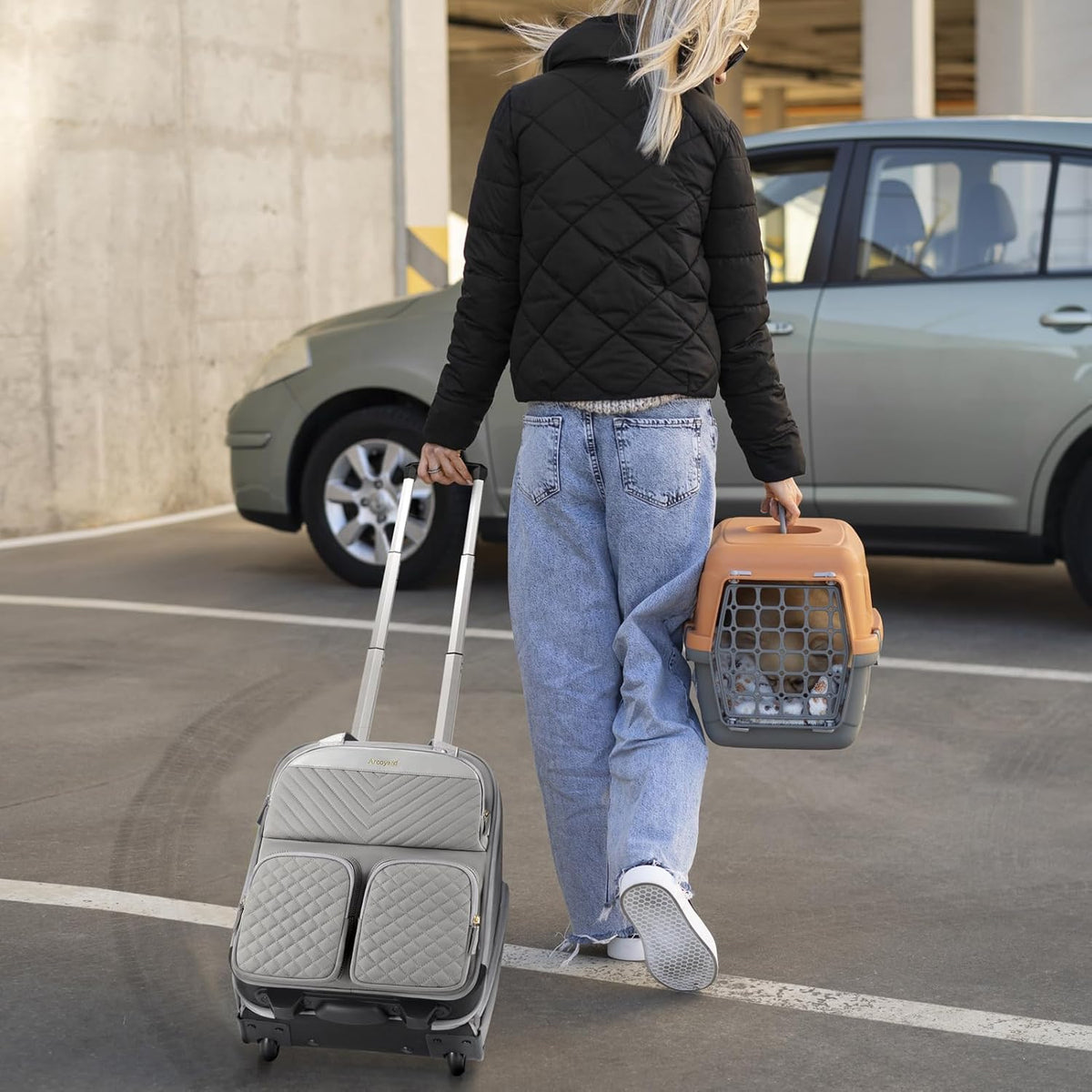 Underseat Carry On Luggage with Wheels, Travel Airline Approved Personal Item Bag, Multiple Compartments Carry-On with Leather Handle, Lightweight Rolling Suitcase for Women, Denim Blue, L