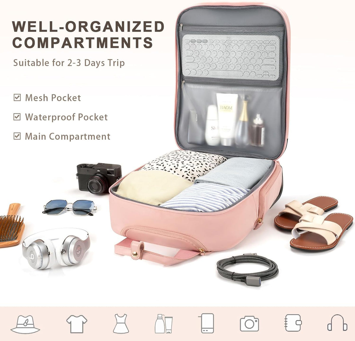 Underseat Carry On Luggage with Wheels, Travel Airline Approved Personal Item Bag, Multiple Compartments Carry-On with Leather Handle, Lightweight Rolling Suitcase for Women, Denim Blue, L