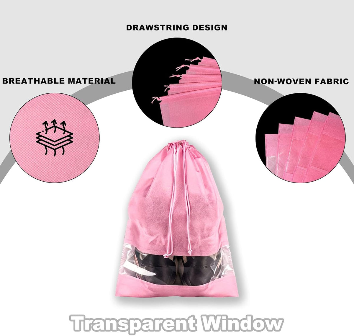 20 Pack Shoe Bags for Travel, 17" x 12.6" Drawstring Shoe Organizers with Clear Window, Breathable Non-Woven Dustproof Pouches for Luggage & Closet (Pink)