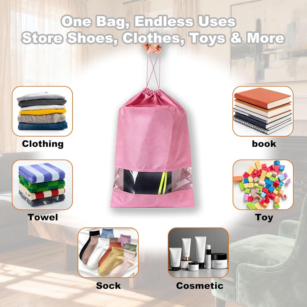 20 Pack Shoe Bags for Travel, 17" x 12.6" Drawstring Shoe Organizers with Clear Window, Breathable Non-Woven Dustproof Pouches for Luggage & Closet (Pink)