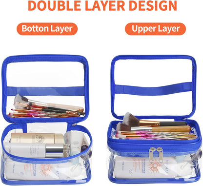 Double Layer Clear Cosmetic Bag Makeup Bag, Waterproof Travel Toiletry Bag, Transparent PVC Pouch Organizer (Pink Large)