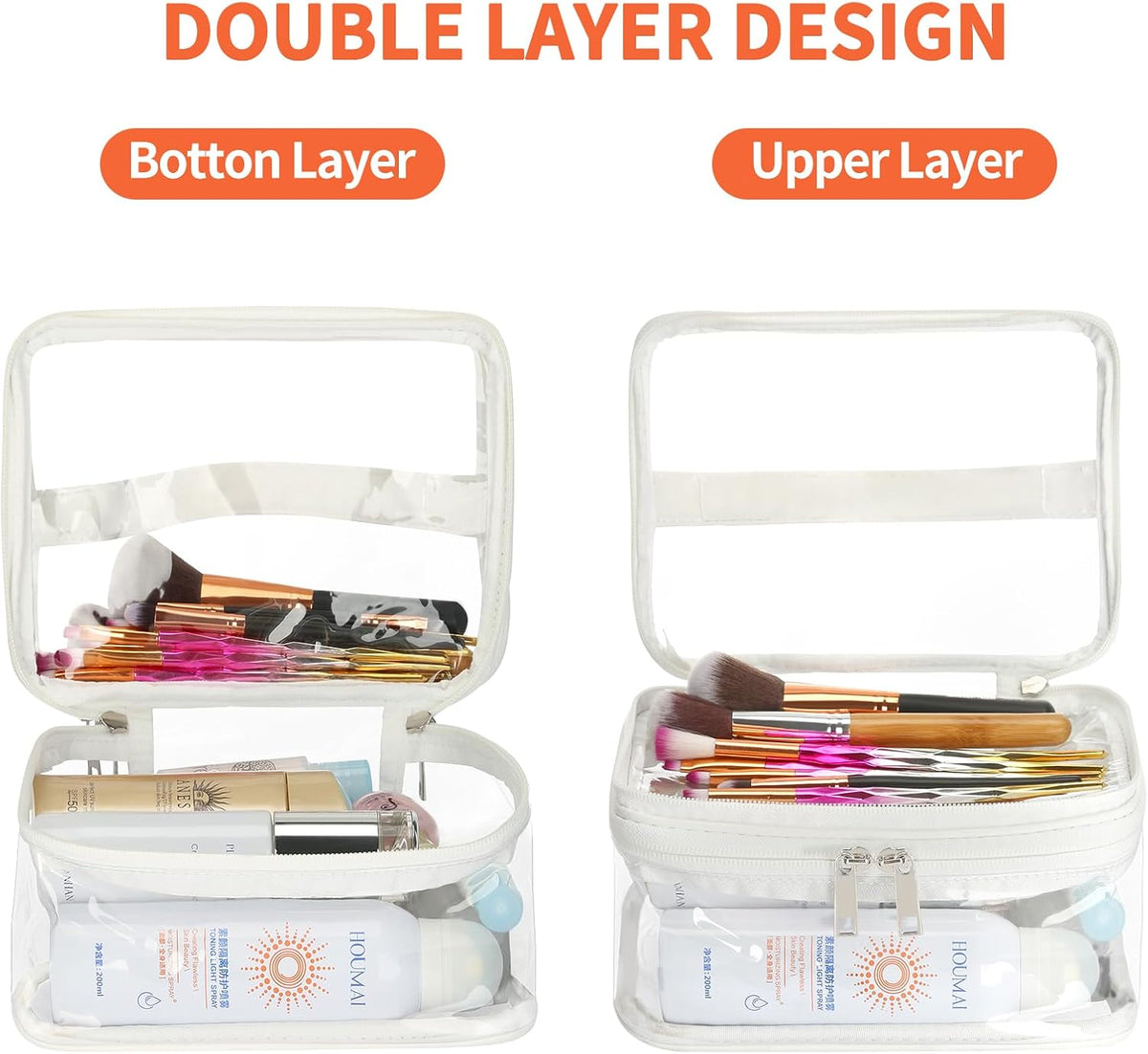Double Layer Clear Cosmetic Bag Makeup Bag, Waterproof Travel Toiletry Bag, Transparent PVC Pouch Organizer (Pink Large)