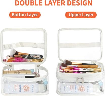 Double Layer Clear Cosmetic Bag Makeup Bag, Waterproof Travel Toiletry Bag, Transparent PVC Pouch Organizer (Pink Large)