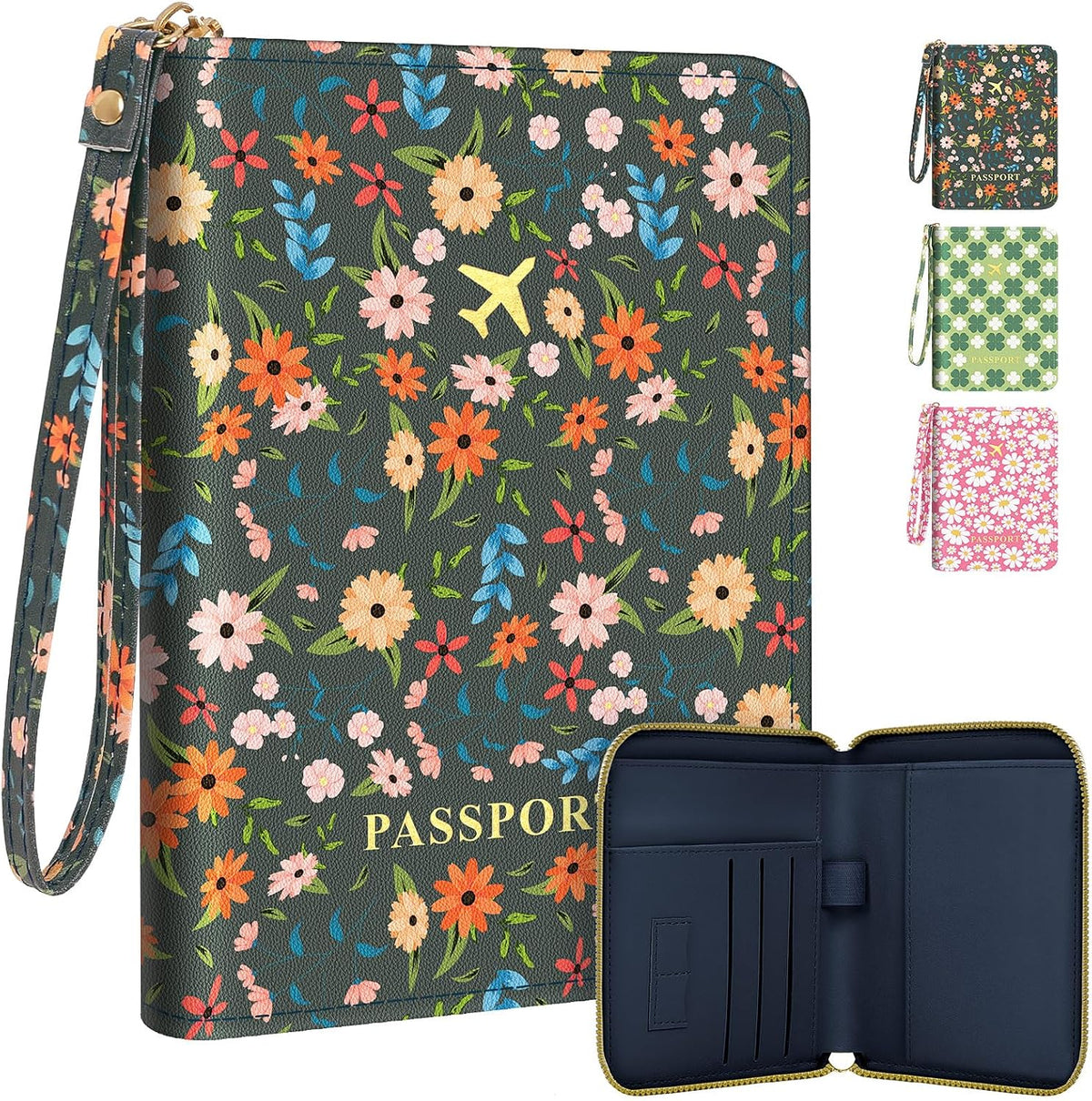 Passport Holder For Travel, RFID Blocking Leather Passport Cover For Travel Accessories, Passport Wallet with Zipper Closure, Cute Passport Book for Women and Men, Purple Flowers