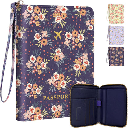 Passport Holder For Travel, RFID Blocking Leather Passport Cover For Travel Accessories, Passport Wallet with Zipper Closure, Cute Passport Book for Women and Men, Purple Flowers