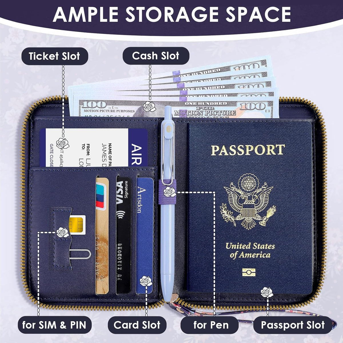 Passport Holder For Travel, RFID Blocking Leather Passport Cover For Travel Accessories, Passport Wallet with Zipper Closure, Cute Passport Book for Women and Men, Purple Flowers