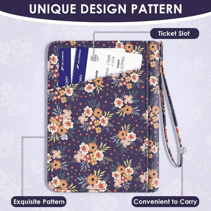 Passport Holder For Travel, RFID Blocking Leather Passport Cover For Travel Accessories, Passport Wallet with Zipper Closure, Cute Passport Book for Women and Men, Purple Flowers