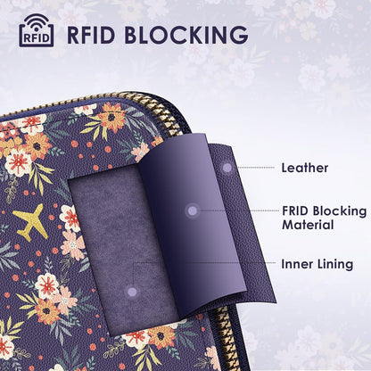 Passport Holder For Travel, RFID Blocking Leather Passport Cover For Travel Accessories, Passport Wallet with Zipper Closure, Cute Passport Book for Women and Men, Purple Flowers