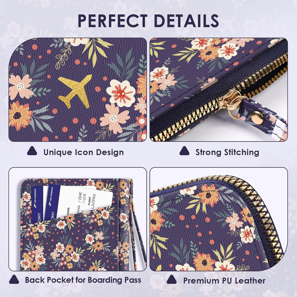 Passport Holder For Travel, RFID Blocking Leather Passport Cover For Travel Accessories, Passport Wallet with Zipper Closure, Cute Passport Book for Women and Men, Purple Flowers