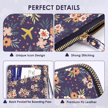 Passport Holder For Travel, RFID Blocking Leather Passport Cover For Travel Accessories, Passport Wallet with Zipper Closure, Cute Passport Book for Women and Men, Purple Flowers