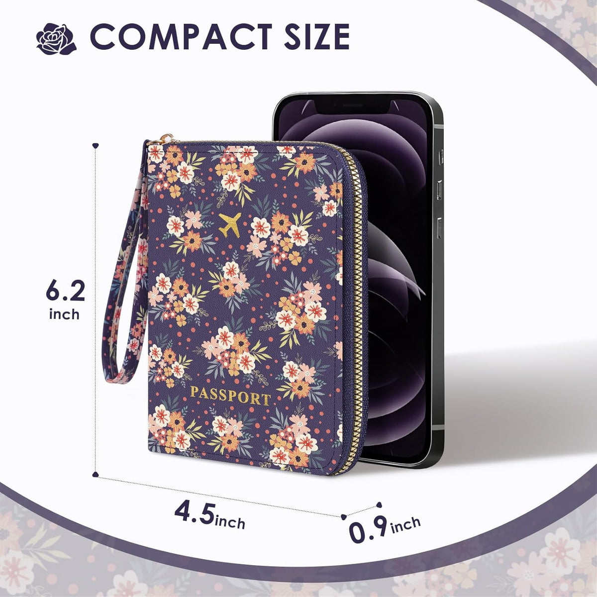 Passport Holder For Travel, RFID Blocking Leather Passport Cover For Travel Accessories, Passport Wallet with Zipper Closure, Cute Passport Book for Women and Men, Purple Flowers