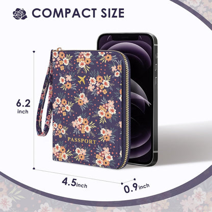 Passport Holder For Travel, RFID Blocking Leather Passport Cover For Travel Accessories, Passport Wallet with Zipper Closure, Cute Passport Book for Women and Men, Purple Flowers