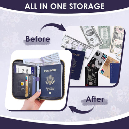 Passport Holder For Travel, RFID Blocking Leather Passport Cover For Travel Accessories, Passport Wallet with Zipper Closure, Cute Passport Book for Women and Men, Purple Flowers