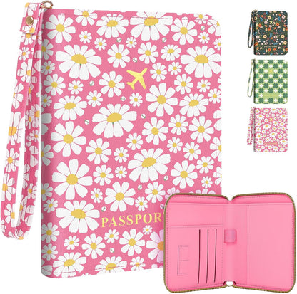 Passport Holder For Travel, RFID Blocking Leather Passport Cover For Travel Accessories, Passport Wallet with Zipper Closure, Cute Passport Book for Women and Men, Purple Flowers