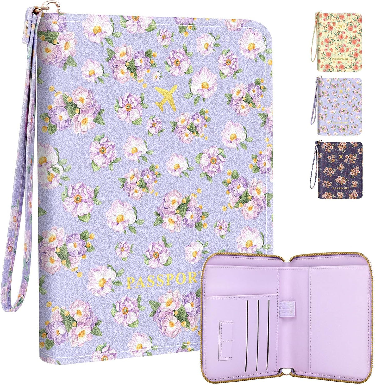 Passport Holder For Travel, RFID Blocking Leather Passport Cover For Travel Accessories, Passport Wallet with Zipper Closure, Cute Passport Book for Women and Men, Purple Flowers