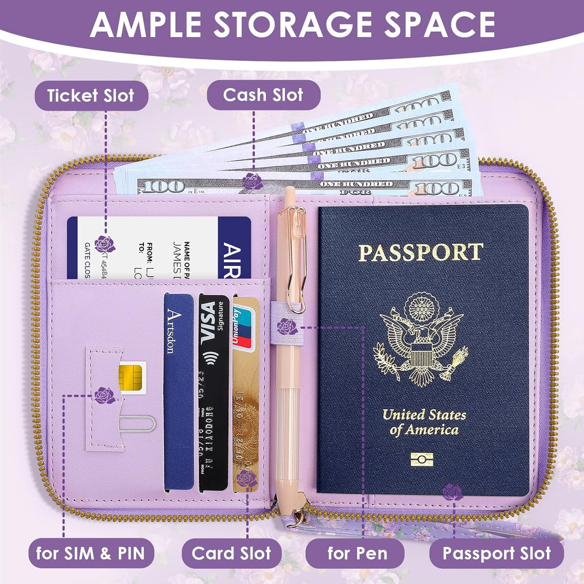 Passport Holder For Travel, RFID Blocking Leather Passport Cover For Travel Accessories, Passport Wallet with Zipper Closure, Cute Passport Book for Women and Men, Purple Flowers