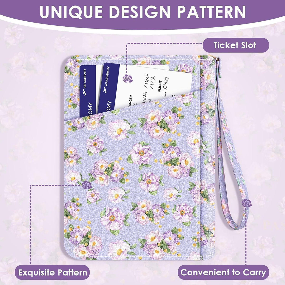 Passport Holder For Travel, RFID Blocking Leather Passport Cover For Travel Accessories, Passport Wallet with Zipper Closure, Cute Passport Book for Women and Men, Purple Flowers