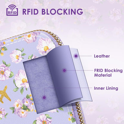 Passport Holder For Travel, RFID Blocking Leather Passport Cover For Travel Accessories, Passport Wallet with Zipper Closure, Cute Passport Book for Women and Men, Purple Flowers