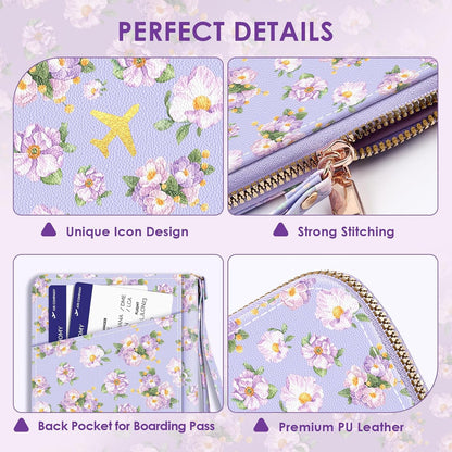 Passport Holder For Travel, RFID Blocking Leather Passport Cover For Travel Accessories, Passport Wallet with Zipper Closure, Cute Passport Book for Women and Men, Purple Flowers