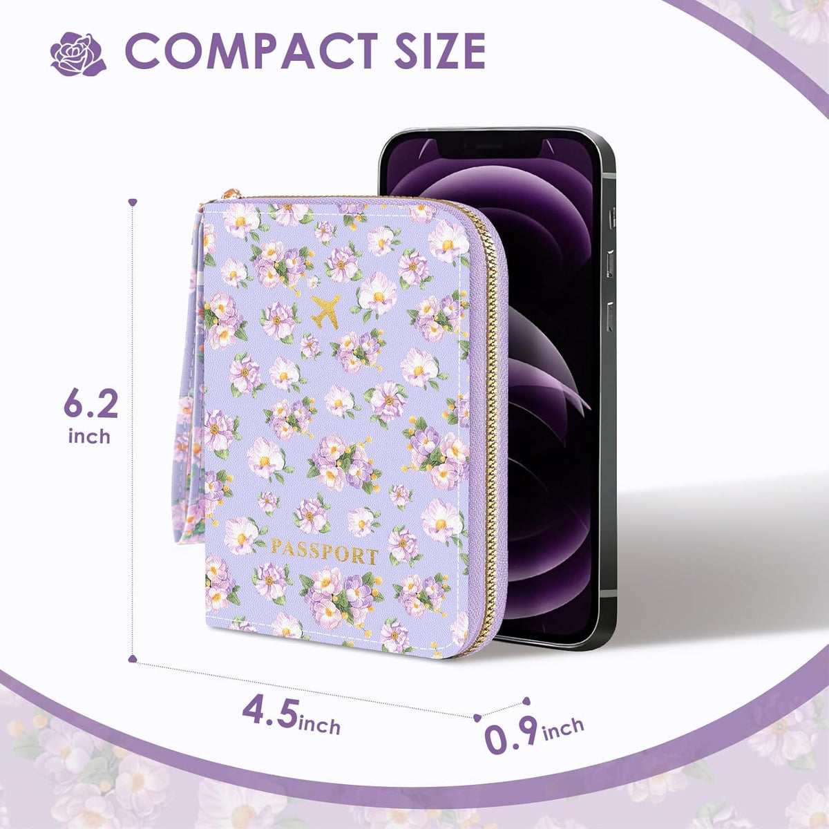 Passport Holder For Travel, RFID Blocking Leather Passport Cover For Travel Accessories, Passport Wallet with Zipper Closure, Cute Passport Book for Women and Men, Purple Flowers