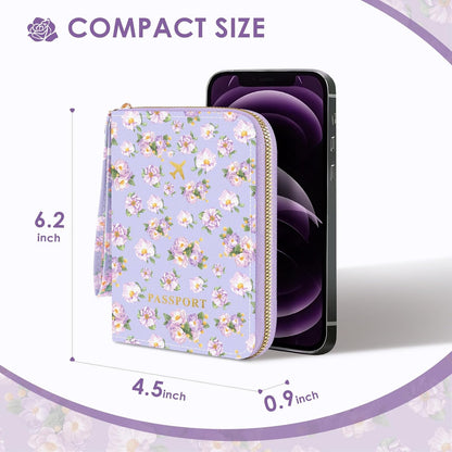 Passport Holder For Travel, RFID Blocking Leather Passport Cover For Travel Accessories, Passport Wallet with Zipper Closure, Cute Passport Book for Women and Men, Purple Flowers