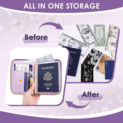 Passport Holder For Travel, RFID Blocking Leather Passport Cover For Travel Accessories, Passport Wallet with Zipper Closure, Cute Passport Book for Women and Men, Purple Flowers