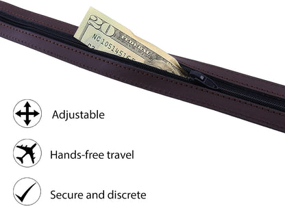 Mens Deerfield Leather Money Belt Travel Zipper Pocket