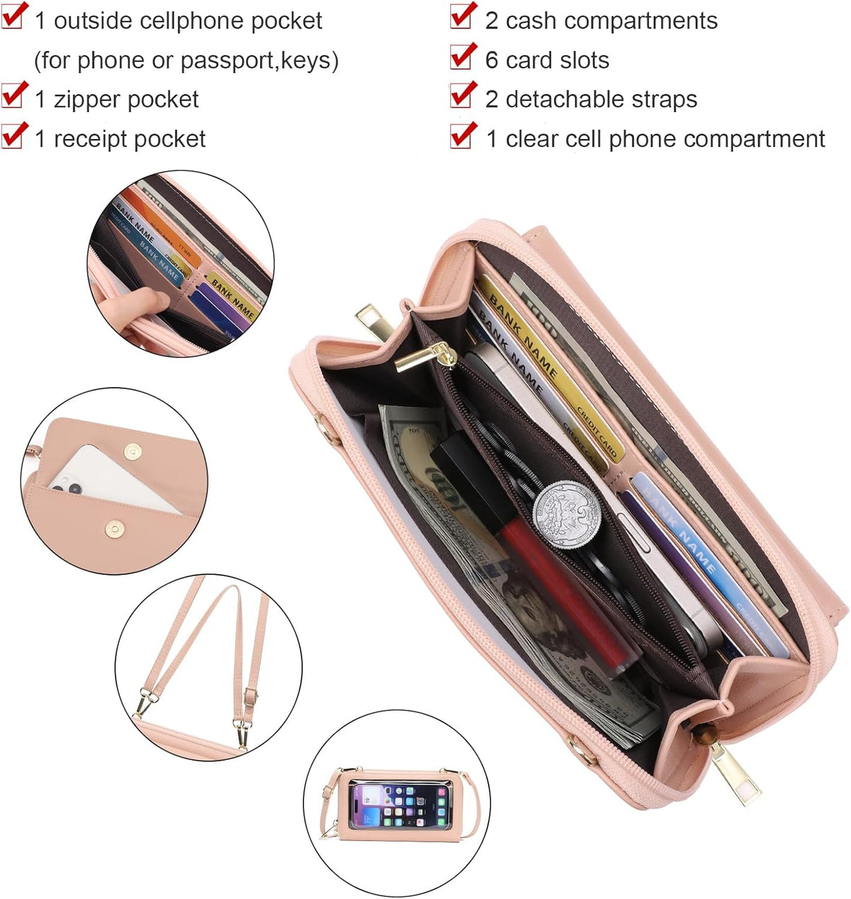 Phone Purse Crossbody Bags for Women Small Travel Wallet Touch Screen RFID Blocking