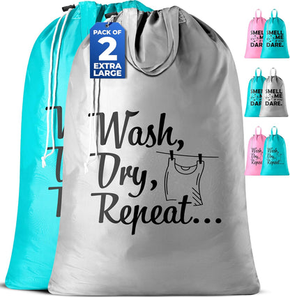 Extra Large Travel Laundry Bag - 2-Pack Fun Print Design Bags for Dirty Clothes - Durable Water-Resistant Fabric - Sturdy Drawstring Closure (Teal-Grey | Wash Dry Repeat)