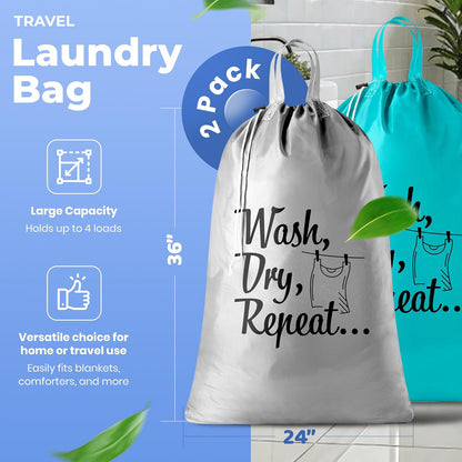 Extra Large Travel Laundry Bag - 2-Pack Fun Print Design Bags for Dirty Clothes - Durable Water-Resistant Fabric - Sturdy Drawstring Closure (Teal-Grey | Wash Dry Repeat)