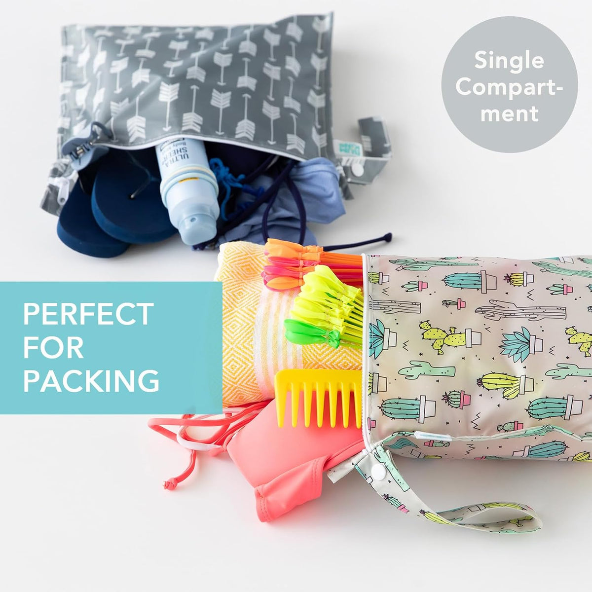 Waterproof Wet Bag - For Baby, Travel, Swim Suit, Cloth Diapers, Pump Parts, Pool, Gym, Toiletry, Strap to Stroller - Reusable & Easy to Clean - 2pk - Floral Gray