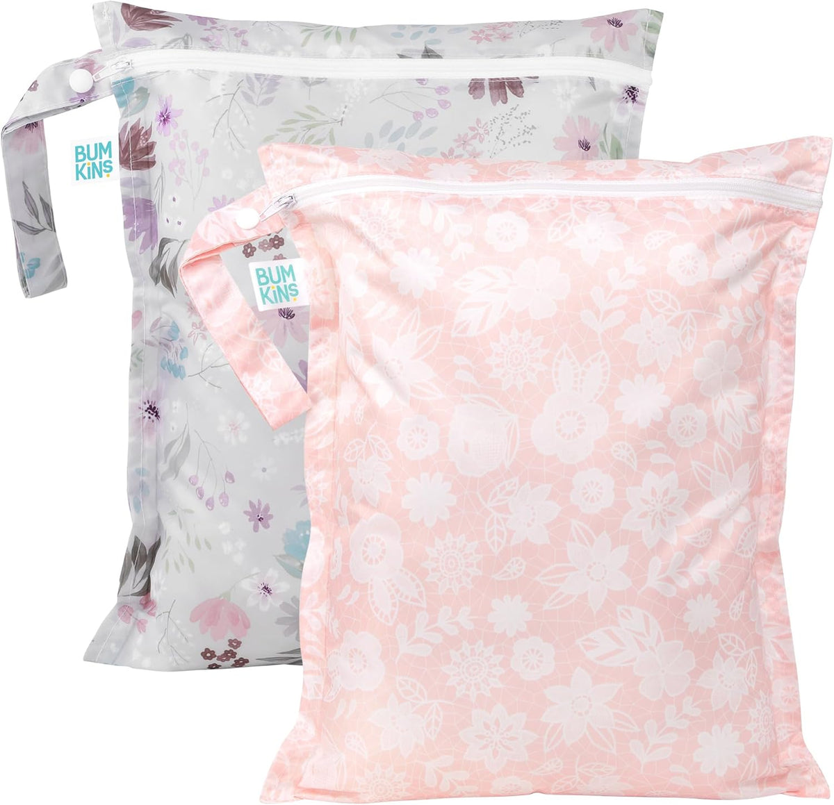 Waterproof Wet Bag - For Baby, Travel, Swim Suit, Cloth Diapers, Pump Parts, Pool, Gym, Toiletry, Strap to Stroller - Reusable & Easy to Clean - 2pk - Floral Gray