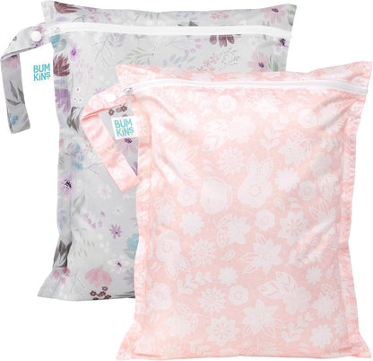 Waterproof Wet Bag - For Baby, Travel, Swim Suit, Cloth Diapers, Pump Parts, Pool, Gym, Toiletry, Strap to Stroller - Reusable & Easy to Clean - 2pk - Floral Gray