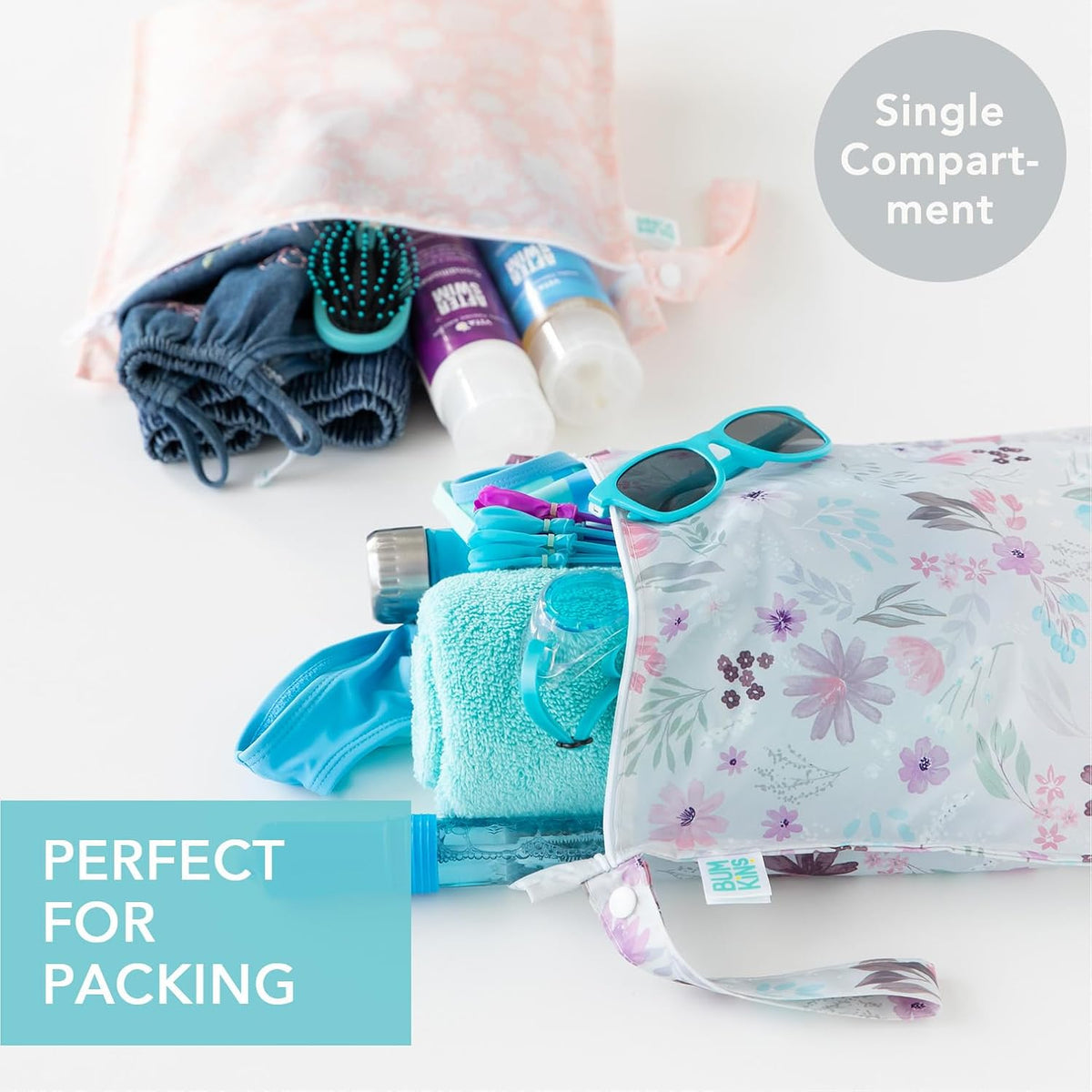 Waterproof Wet Bag - For Baby, Travel, Swim Suit, Cloth Diapers, Pump Parts, Pool, Gym, Toiletry, Strap to Stroller - Reusable & Easy to Clean - 2pk - Floral Gray