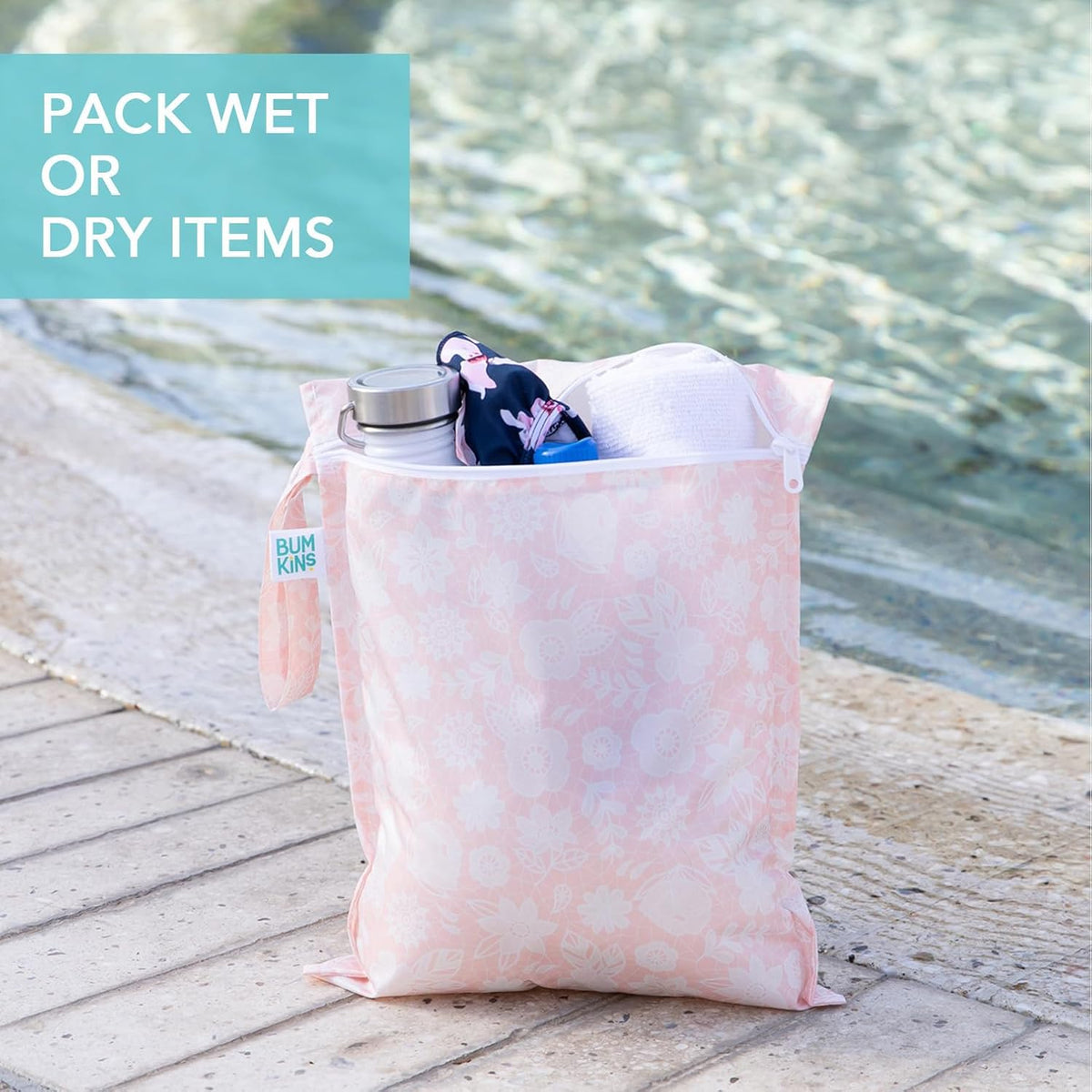 Waterproof Wet Bag - For Baby, Travel, Swim Suit, Cloth Diapers, Pump Parts, Pool, Gym, Toiletry, Strap to Stroller - Reusable & Easy to Clean - 2pk - Floral Gray