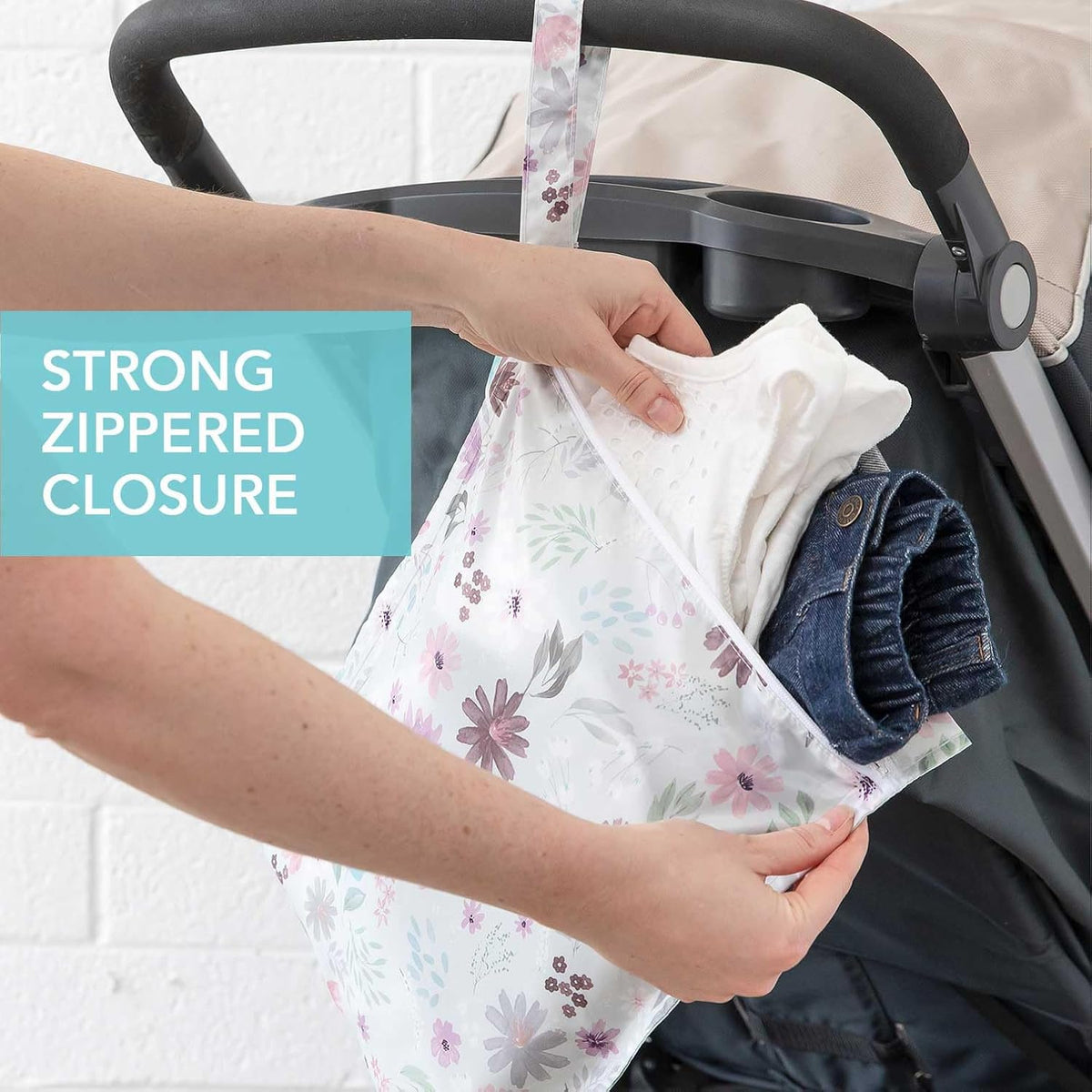 Waterproof Wet Bag - For Baby, Travel, Swim Suit, Cloth Diapers, Pump Parts, Pool, Gym, Toiletry, Strap to Stroller - Reusable & Easy to Clean - 2pk - Floral Gray