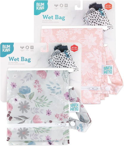 Waterproof Wet Bag - For Baby, Travel, Swim Suit, Cloth Diapers, Pump Parts, Pool, Gym, Toiletry, Strap to Stroller - Reusable & Easy to Clean - 2pk - Floral Gray