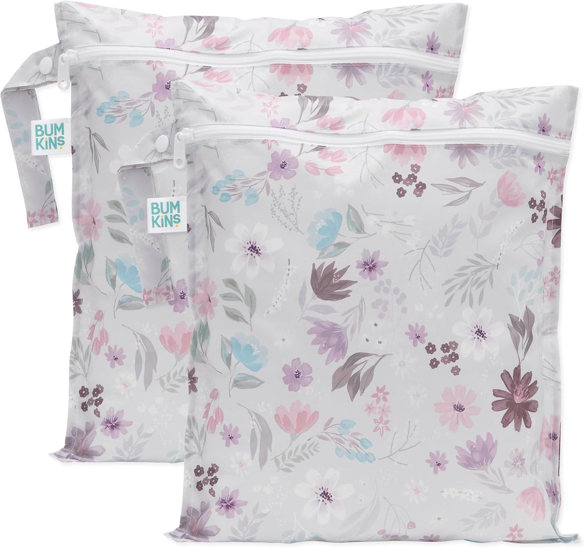 Waterproof Wet Bag - For Baby, Travel, Swim Suit, Cloth Diapers, Pump Parts, Pool, Gym, Toiletry, Strap to Stroller - Reusable & Easy to Clean - 2pk - Floral Gray
