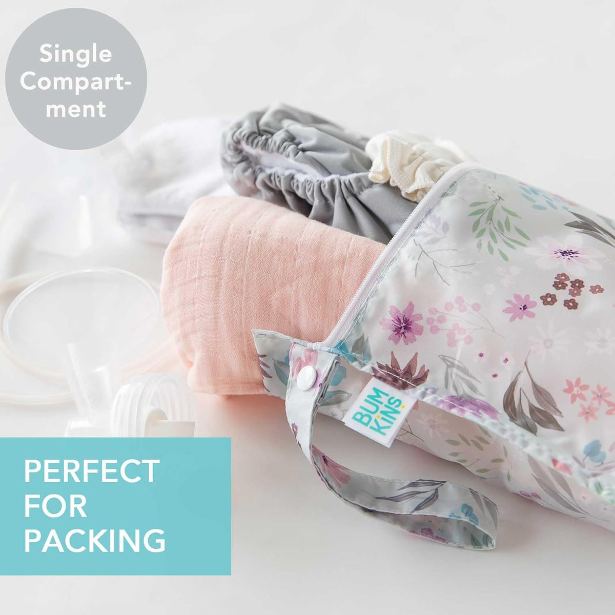 Waterproof Wet Bag - For Baby, Travel, Swim Suit, Cloth Diapers, Pump Parts, Pool, Gym, Toiletry, Strap to Stroller - Reusable & Easy to Clean - 2pk - Floral Gray