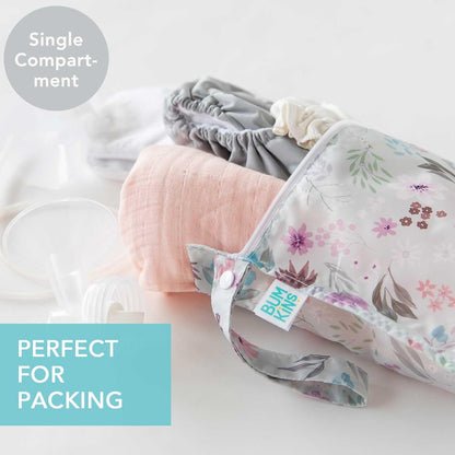 Waterproof Wet Bag - For Baby, Travel, Swim Suit, Cloth Diapers, Pump Parts, Pool, Gym, Toiletry, Strap to Stroller - Reusable & Easy to Clean - 2pk - Floral Gray