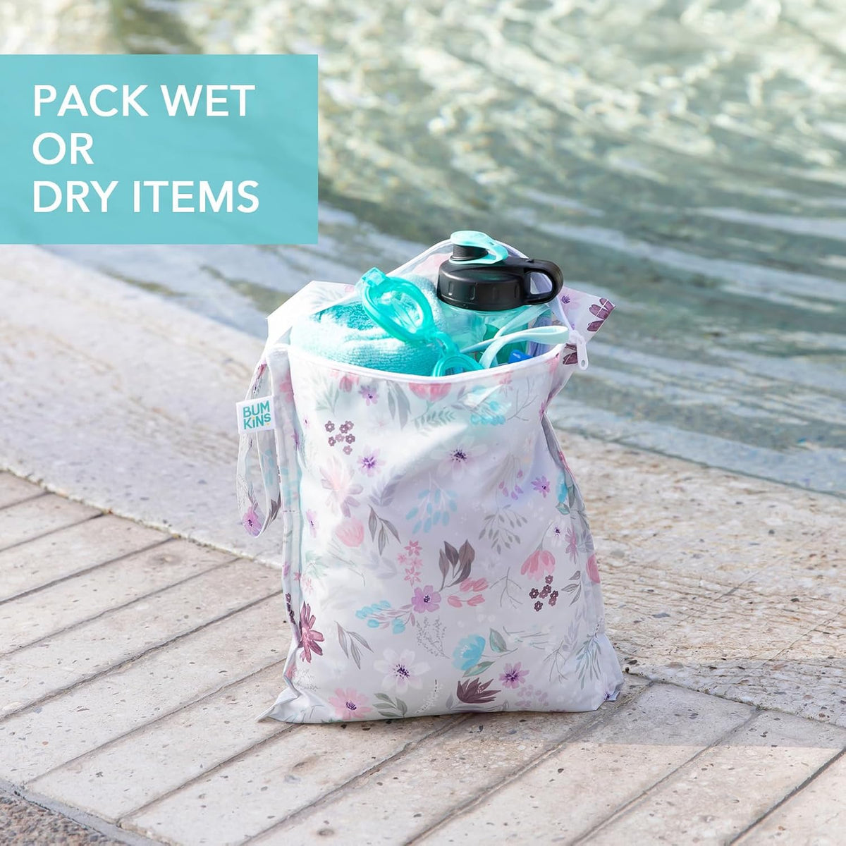 Waterproof Wet Bag - For Baby, Travel, Swim Suit, Cloth Diapers, Pump Parts, Pool, Gym, Toiletry, Strap to Stroller - Reusable & Easy to Clean - 2pk - Floral Gray